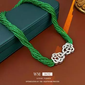 Многослойное ожерелье с цветком кошачьего глаза из циркона, модное французское ретро-цепочка с воротником, роскошное элегантное ожерелье зелёный