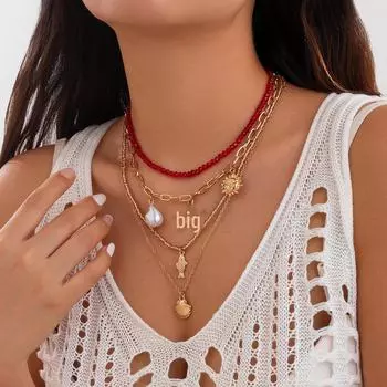 Многослойное ожерелье с геометрическим кулоном в стиле бохо - разноцветная цепочка с бусинами на ключице k 6682 белый