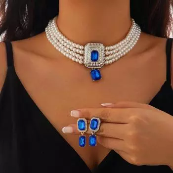 Многослойное ожерелье с имитацией жемчуга, роскошное ожерелье-чокер, комплект из стразов, ожерелье, серьги для вечеринки белый/зелёный