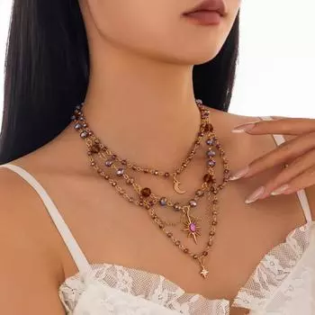 Многослойное ожерелье с подвеской в виде луны и звезды, хрустальные бусины, ожерелья на ключицу для женщин, чокеры для девочек, подарок на 2000 год