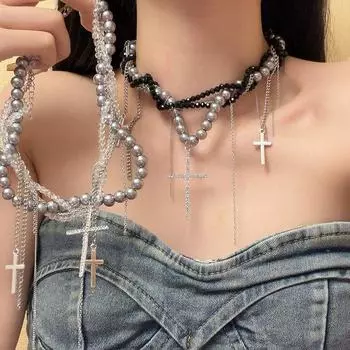 Многослойное ожерелье с подвеской в виде креста, женское колье с кисточками, модное жемчужное ожерелье для вечеринки чёрный