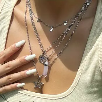 Многослойное ожерелье с подвеской в виде пентаграммы и призмы с розовым искусственным кристаллом, модные украшения для подарков и женской повседневной одежды