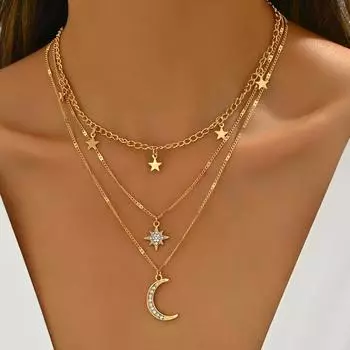 Многослойное регулируемое ожерелье с подвеской в виде звезды и луны из кубического циркония для женщин, минималистичные геометрические украшения на цепочке, подарок для нее золотой