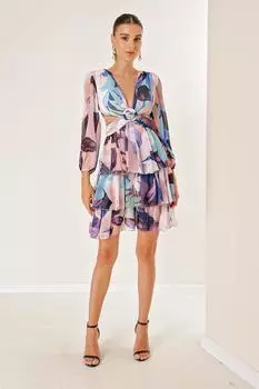 Многослойное шифоновое длинное платье спереди и сзади с V-образным вырезом на талии и глубоким вырезом на подкладке с цветочным принтом