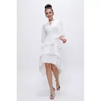 Многослойное шифоновое платье из тюля с объемными рукавами и поясом с поясом