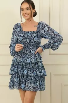 Многослойное шифоновое платье с воланами и узором розы