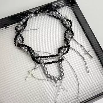 Многослойное жемчужное ожерелье Ожерелье с подвеской в виде креста Spice Girl Новое женское колье чёрный