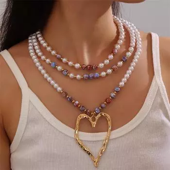 Многослойное жемчужное ожерелье полое металлическое любовное модное темпераментное ожерелье с бисером большая подвеска в форме сердца женские украшения