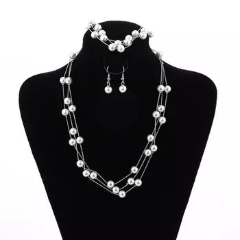 Многослойное жемчужное ожерелье серьги браслет комплект ювелирных изделий свадьба невеста серебряный