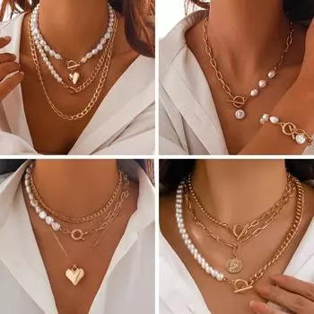 Многослойное жемчужное ожерелье в европейско-американском стиле с подвеской из сплава 6512 золотой