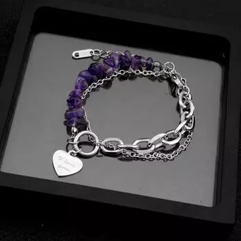 Многослойные браслеты из титановой стали для женщин, браслет из измельченного фиолетового камня, подвеска в виде сердца, браслеты с подвесками для девочек, браслет на запястье