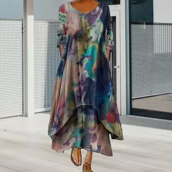 Многослойные платья в стиле бохо для женщин Yousheng, летнее макси-платье с цветочным принтом и неровным подолом, с длинными рукавами, V-образным вырезом, струящееся платье больших размеров А-силуэта S