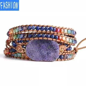 Многослойный браслет Браслет из натурального камня Аметист кластер 6 мм Круглый бисер ручной работы Бохо Древо жизни Браслет для йоги