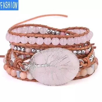 Многослойный браслет Древо жизни, завернутый в проволоку, браслет из натурального розового кристалла, женский браслет из натурального камня диаметром 6 мм с бусинами из красного дерева и зернистым камнем