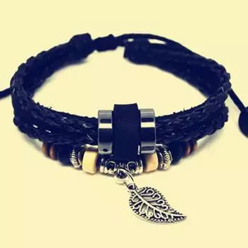 Многослойный браслет из искусственной кожи унисекс, подвеска-лист, бусины, регулируемые ювелирные изделия