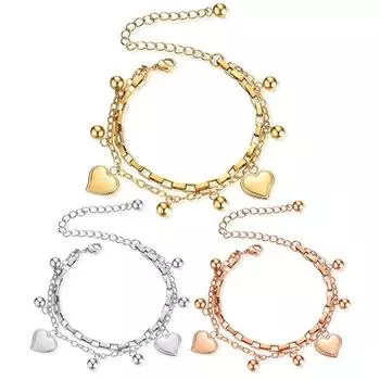 Многослойный браслет из титановой стали, женский регулируемый браслет с круглыми бусинами в форме сердечек золотой