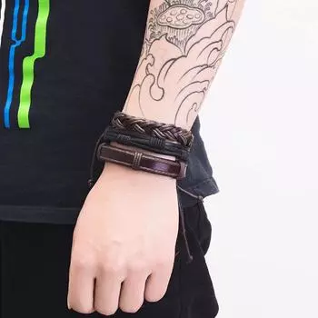 Многослойный браслет, мужской и женский браслет, 3 шт./компл., плетеный браслет из натуральной кожи, комплект украшений ручной работы