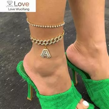 Многослойный браслет на щиколотку со стразами для женщин, хип-хоп, блестящая подвеска в виде буквы А, браслет на щиколотку на ногу/цепочка для стопы 22CM
