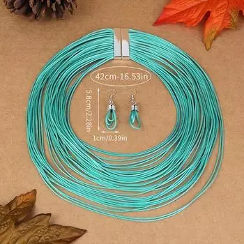 Многослойный комплект украшений ручной работы из бисера в стиле бохо-шик — винтажный богемный стиль с ожерельем и серьгами, идеально подходит для вечеринок и пляжных выходов зелёный