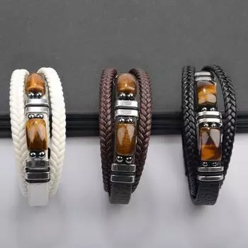 Многослойный кожаный браслет, мужская бижутерия, браслет из тигрового глаза, магнитная застежка из нержавеющей стали
