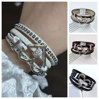 Многослойный кожаный браслет со стразами, готический трехслойный браслет, классный женский браслет в форме сердца хаки