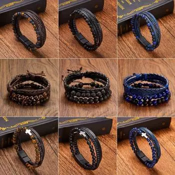 Многослойный мужской кожаный браслет ручной работы в стиле ретро с бусинами из натурального камня