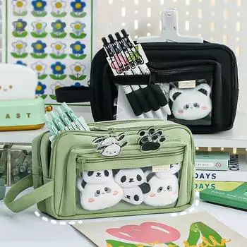 Многослойный пенал с прозрачным передним карманом, большой вместимостью и симпатичными школьными принадлежностями чёрный