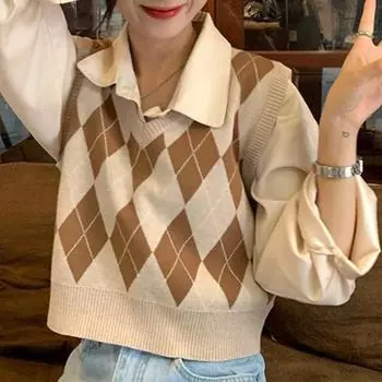 Многослойный вязаный жилет в стиле ретро с V-образным вырезом и ромбовидным узором для женских весенних и осенних нарядов S