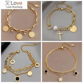 Многослойный золотой браслет из нержавеющей стали для женщин, ретро-панк, готический портрет, монета, крест, жемчужный браслет, ювелирные изделия