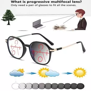 Многоугольная оправа ультралегкие модные большие удобные фотохромные прогрессивные мультифокальные очки для чтения +0,75 до +4 +0.75 чёрный