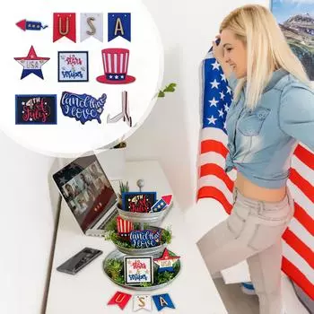 Многоуровневый декор подноса, деревянные патриотические украшения, День независимости, звезда, маленькая вывеска, гном, фейерверк, декор стола, красный, белый, синий