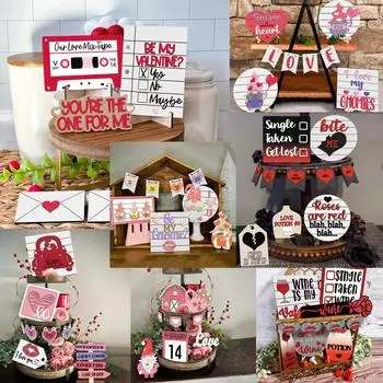 Многоуровневый декор подноса с гномами ко Дню святого Валентина, включая плюшевый гном, мини-деревянную табличку с Днем святого Валентина, гирлянду из деревянных бусин One Size