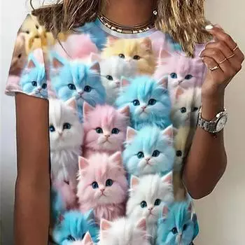 Множество футболок с круглым вырезом с кошачьим принтом, повседневные топы с круглым вырезом и короткими рукавами на весну и лето, женская одежда S
