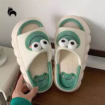 Mo Dou, четырехсезонные домашние нескользящие женские домашние тапочки из конопли на толстой подошве с милой мультяшной формой, новое поступление 36-37 зелёный