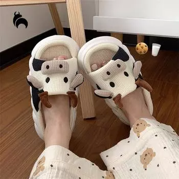 Mo Dou, четырехсезонные домашние нескользящие женские домашние тапочки из конопли на толстой подошве с милой мультяшной формой, мужская домашняя обувь 36-37 белый