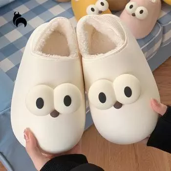 Mo Dou/домашние тапочки для пар, забавные необычные непромокаемые хлопковые тапочки с большими глазами, нескользящая теплая повседневная хлопковая обувь 36-37 белый