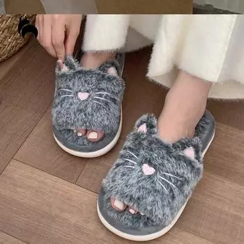 Mo Dou, хлопковые тапочки с милым котенком, женские осенне-зимние модные домашние нескользящие плюшевые тапочки с мягкой подошвой 36-37 серый