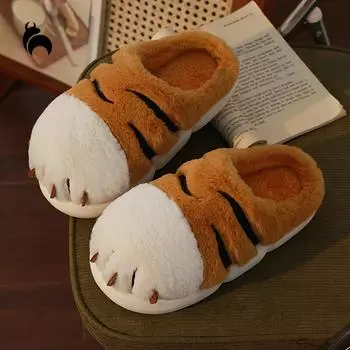 Mo Dou, хлопковые тапочки с рисунком тигровой лапы, женские модели, домашние тапочки на завернутом каблуке, плюшевые теплые нескользящие уличные хлопковые туфли для пар 36-37 коричневый