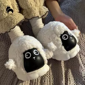 Mo Dou Little Sheep, плюшевые хлопковые тапочки с героями мультфильмов, женские теплые зимние тапочки на толстой подошве, милые домашние нескользящие хлопковые туфли 36-37 бежевый