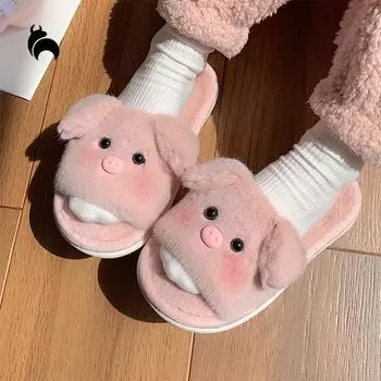 Mo Dou, милые пушистые тапочки со свиньей, домашние тапочки с открытым носком, осенне-зимние тапочки для женщин 36-37 розовый