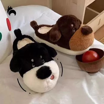 Mo Dou милые зимние тапочки для девочек в форме мультяшной собаки теплые домашние тапочки для пар нескользящие тапочки с толстой подошвой для мужчин 36-37 чёрный