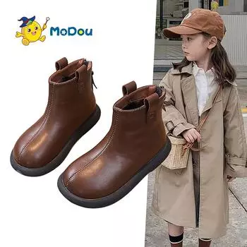 Mo Dou, модные детские полусапожки на осень и зиму, простые уличные нескользящие однотонные ботильоны, теплые ботинки с мягкой подкладкой 22 чёрный