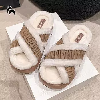 Mo Dou осенне-зимние уличные тапочки для женщин, теплые плюшевые тапочки с открытым носком из хлопка, толстая подошва, домашние тапочки для женщин 36-37 белый