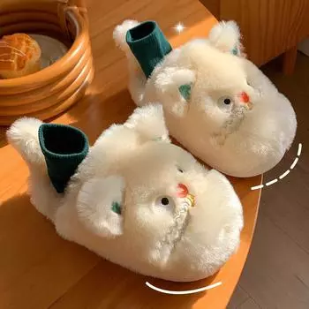 Mo Dou Plus, плюшевые тапочки с милым котенком, женские домашние хлопковые тапочки, нескользящие и теплые тапочки 36-37 зелёный