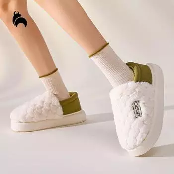 Mo Dou Plus, женские зимние домашние противоскользящие и теплые плюшевые тапочки с толстой подошвой, сумка и хлопковая обувь в полоску ананаса 36-37 зелёный