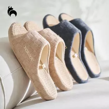 Mo Dou Весна Осень Тапочки для Женщин Домашние Льняные Всесезонные Тапочки для Мужчин Бесшумные Тапочки Для Пола Унисекс 36-37 розовый