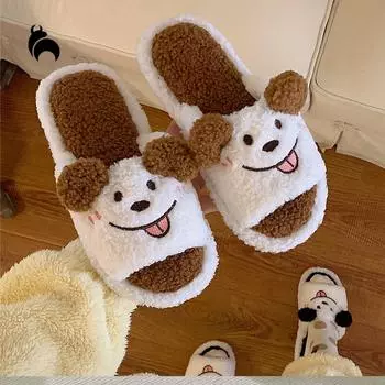 Mo Dou, женские хлопковые тапочки, студенческие зимние домашние тапочки для общежития, милые плюшевые хлопковые тапочки с рисунком щенка 36-37 чёрный
