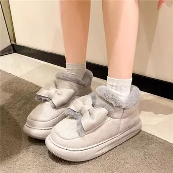 Mo Dou, женские зимние ботинки, милая нескользящая уличная зимняя обувь с бантом, хлопковая обувь на толстой плюшевой подкладке, ботильоны без шнуровки 36 серый