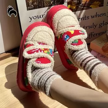 Mo Dou Зимняя хлопковая обувь для женщин Тапочки с закрытым носком для девочек Теплая плюшевая обувь для улицы Мягкая толстая подошва Плоская обувь 36-37 красный