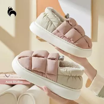 Mo Dou, зимняя женская хлопковая обувь контрастного цвета, теплые ботильоны для мужчин, теплая плюшевая обувь для дома и улицы, нескользящая обувь 36-37 бежевый